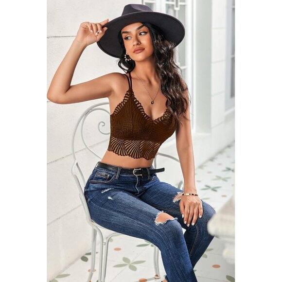 Women's Dark Coffee Lace Camisoles Double-layered V-neck Sexy Bralettes Crop Top - Picture 4 of 5